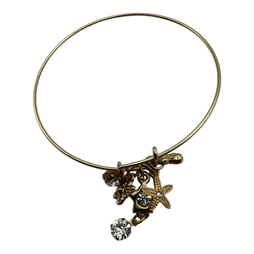Gold Tone Charm Bangle Bracelet‎ – Starfish, Rhinestones, Sea-Themed Dangle